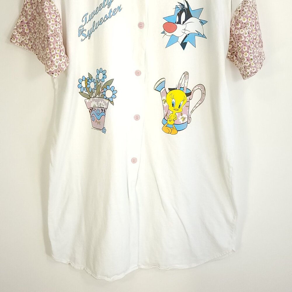 Vtg Sylvester Tweety Bird Graphic Sleep Shirt Women's XL? White Distressed 90s - Picture 2 of 11